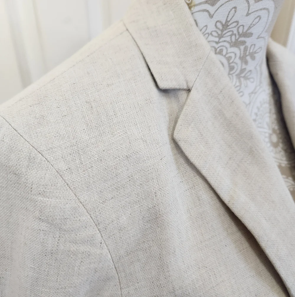 British Khaki Vintage Old Money Tailored Coastal Creme Linen Blazer Size M